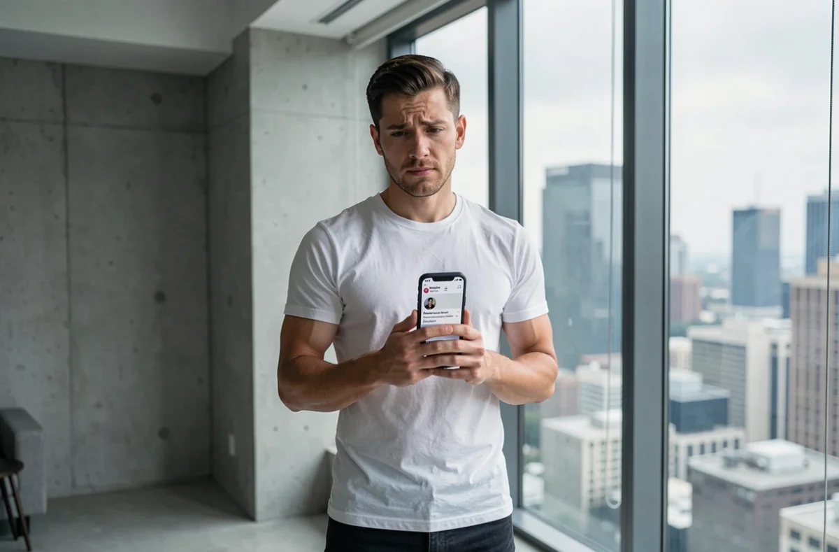 Homme tenant un smartphone affichant un compte Instagram restreint depuis un appartement moderne avec vue sur la ville