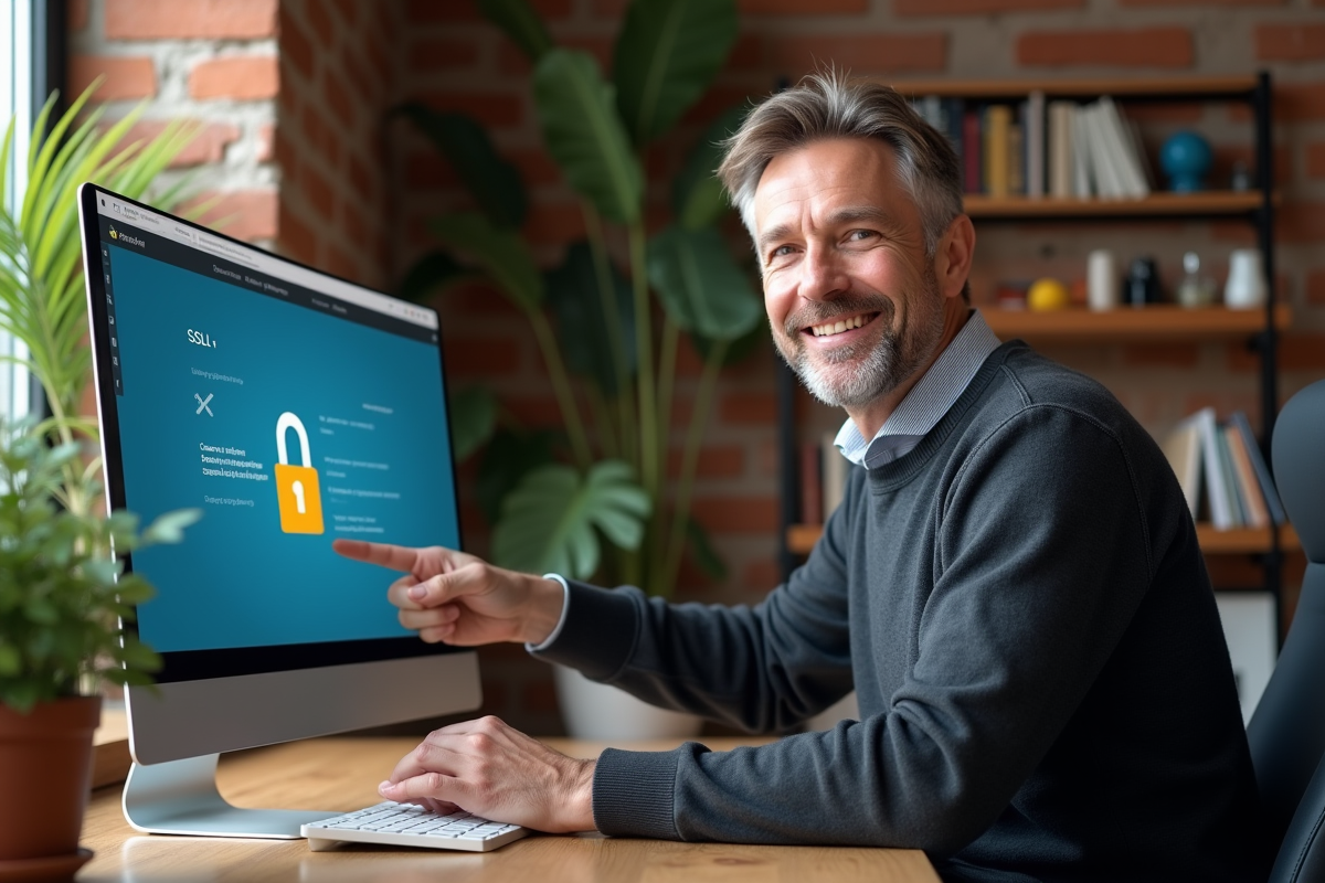 Homme souriant pointant une configuration SSL sur son écran