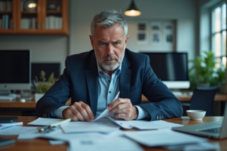 Homme d affaires stressé dans un bureau encombré