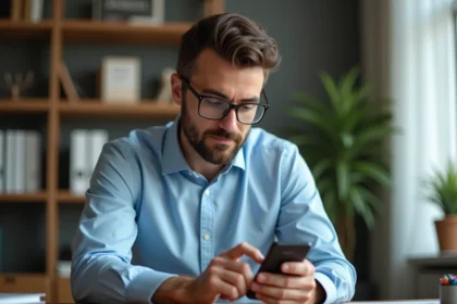 Homme en bleu utilisant un smartphone Android dans un bureau moderne