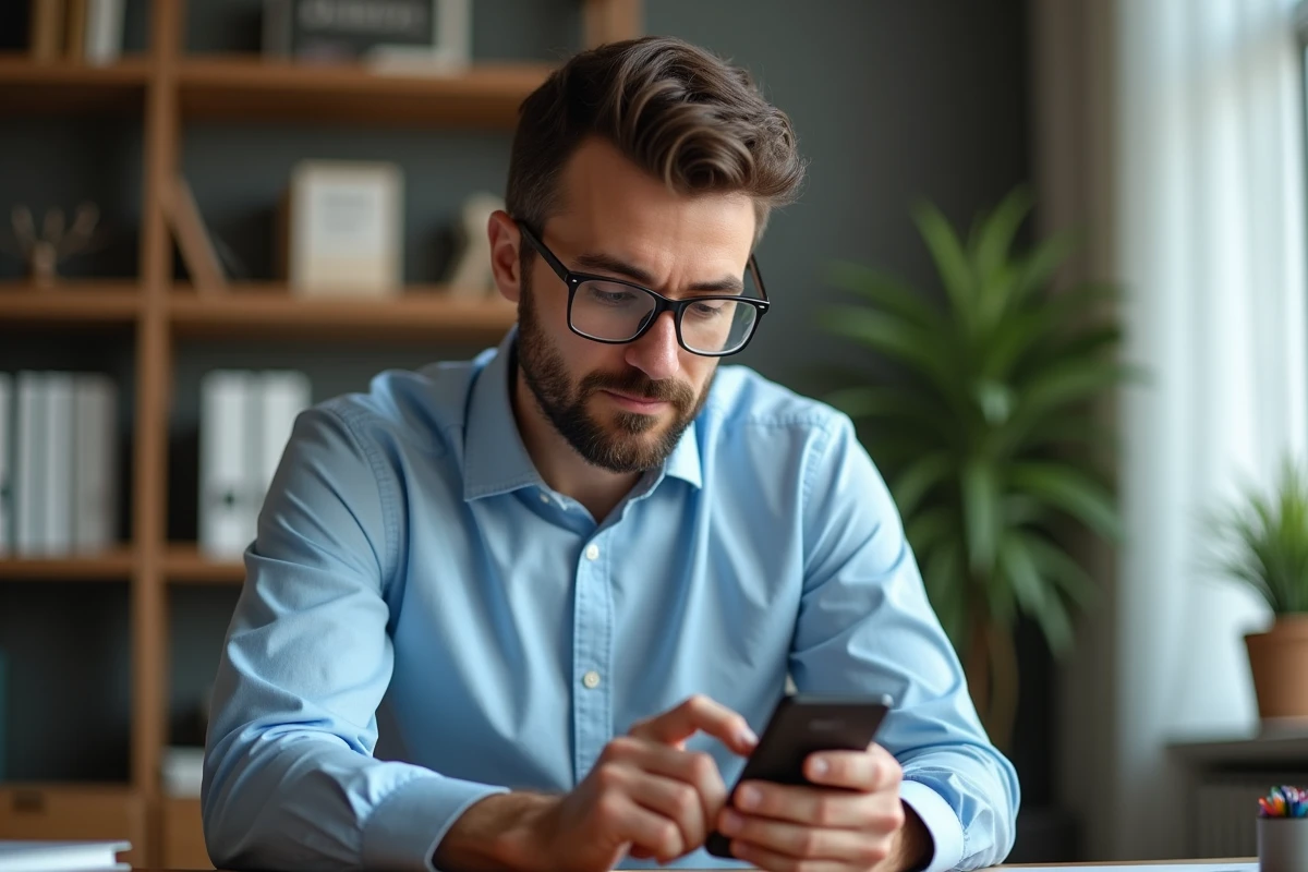 Homme en bleu utilisant un smartphone Android dans un bureau moderne