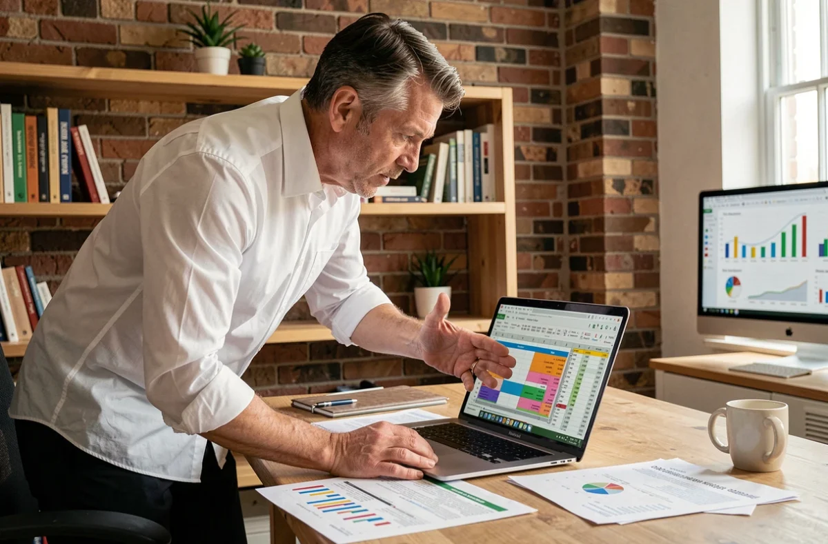 Homme en télétravail utilisant Excel pour transposer des colonnes en lignes sur un ordinateur portable dans un bureau à domicile