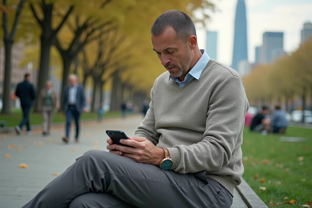 Homme teste un iPhone 15 dans un parc urbain