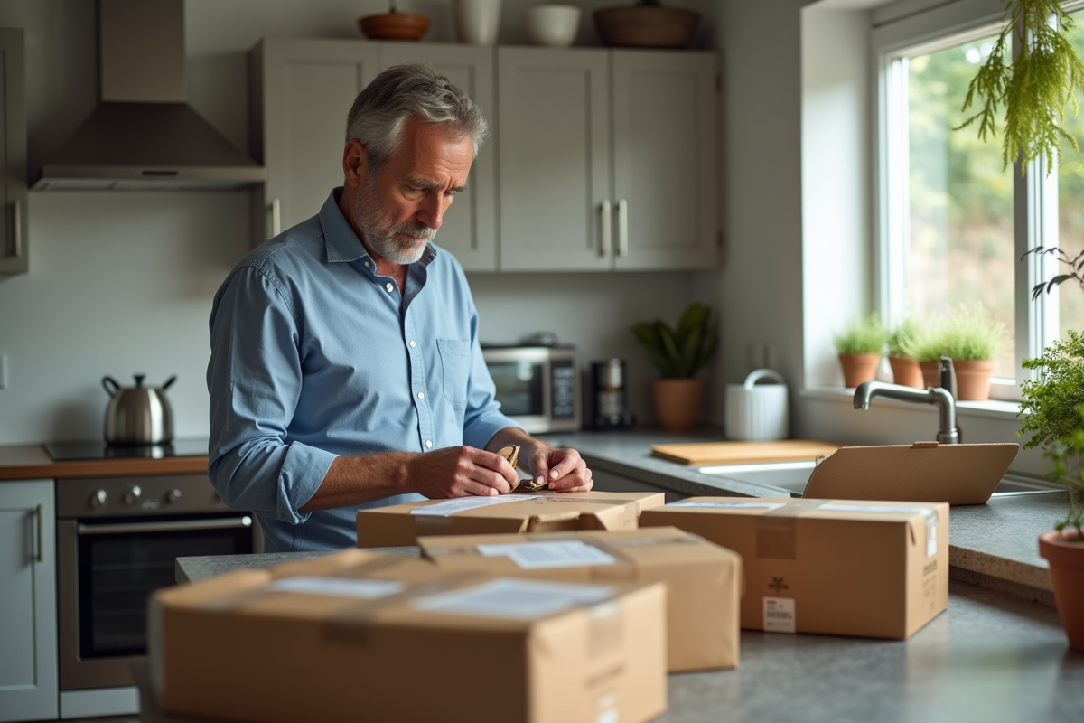 Homme déballant plusieurs box dans la cuisine moderne