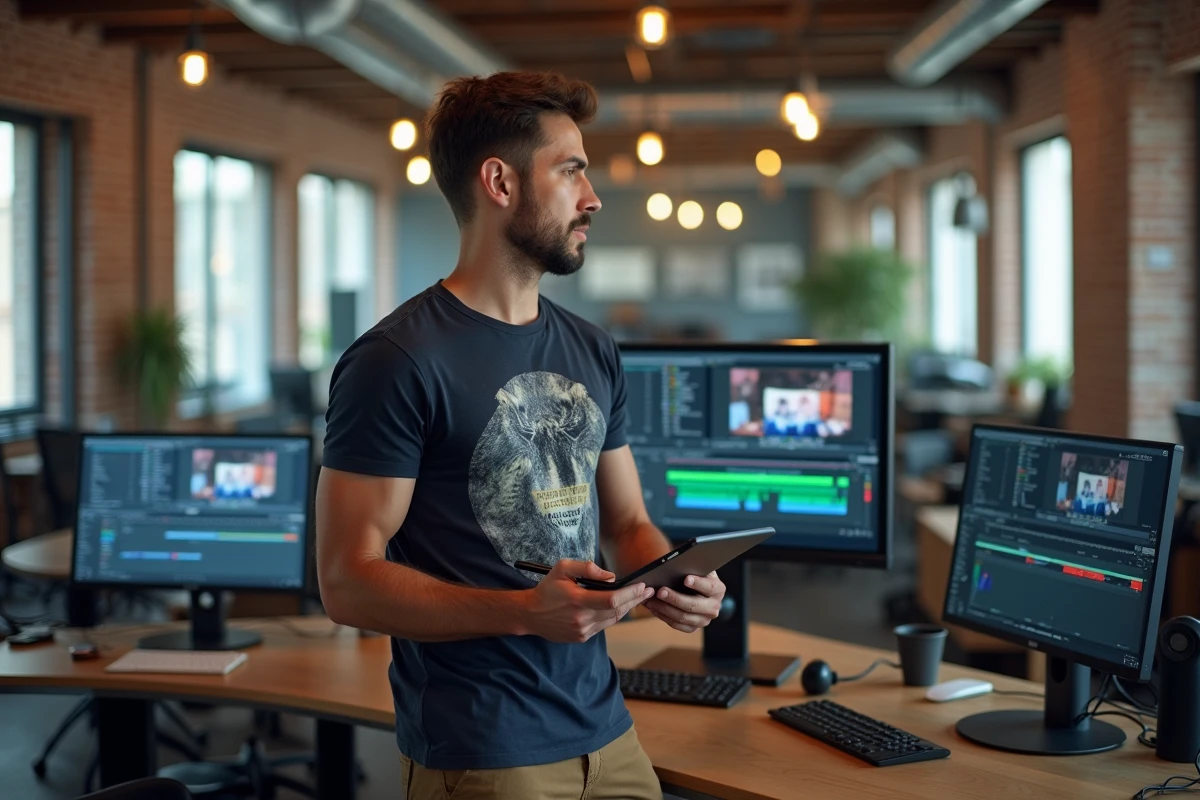 Homme avec tablette dans un bureau loft industriel