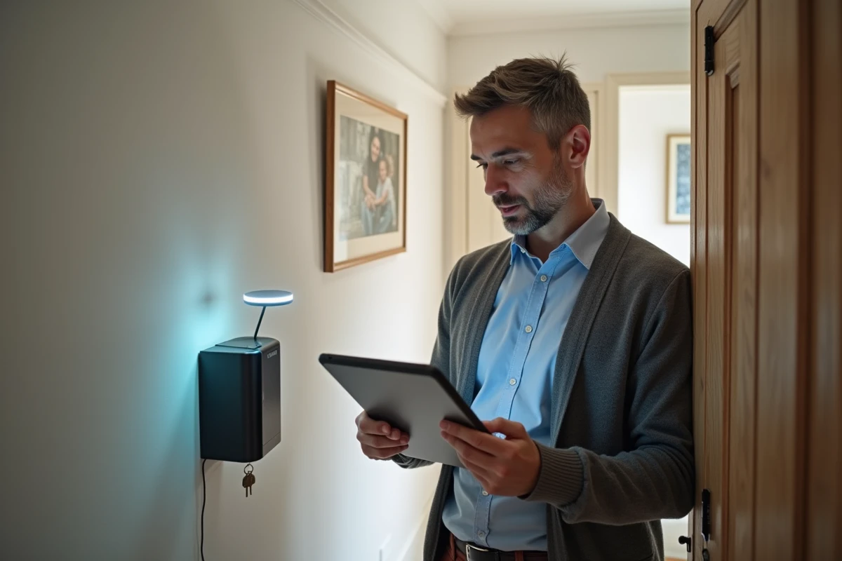 Homme vérifie les réglages WiFi avec sa tablette dans le couloir