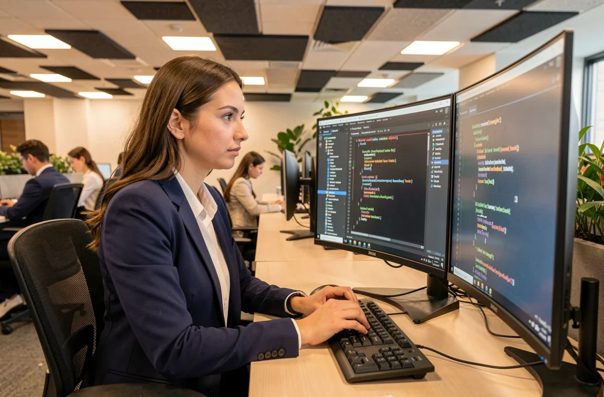 Technicienne d'ID Soft travaillant sur un diagnostic logiciel dans un open space moderne