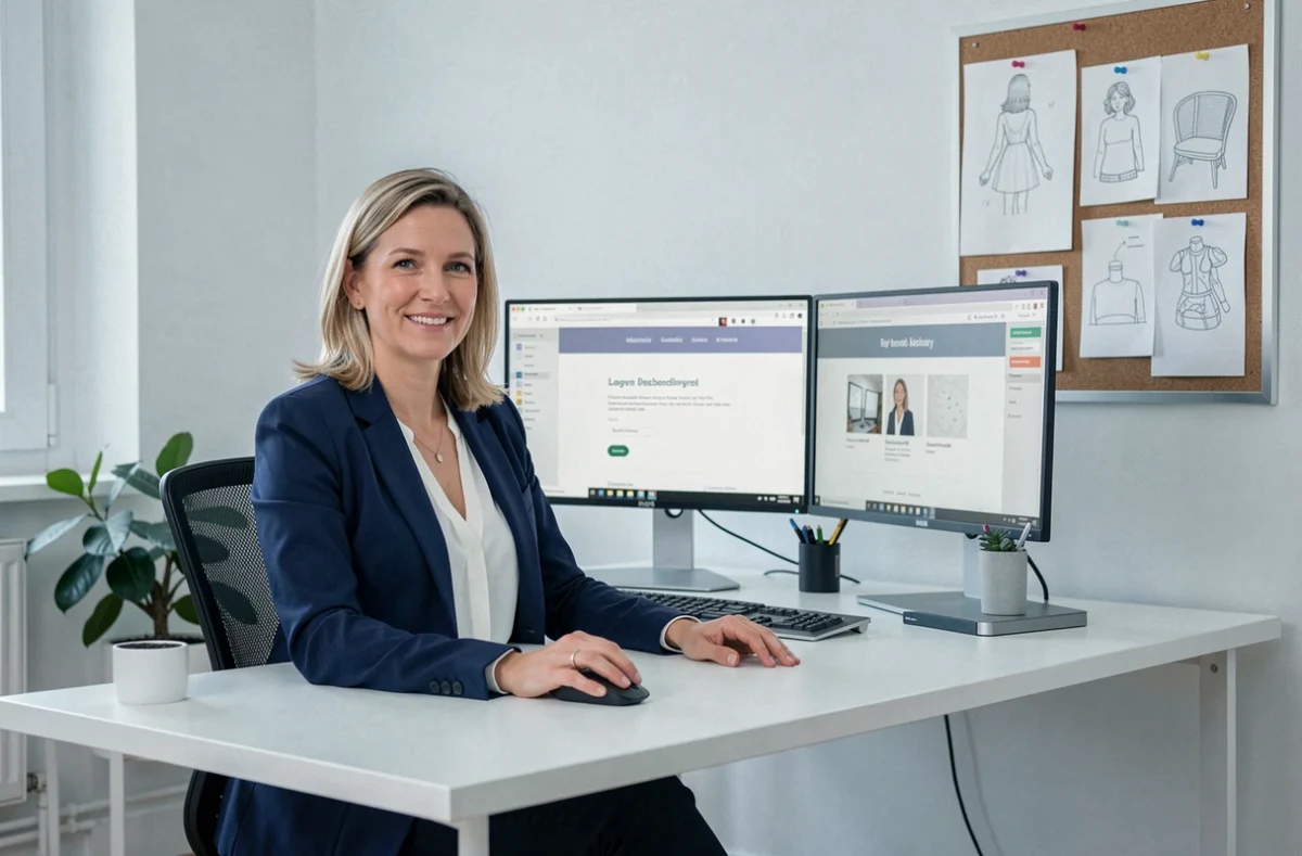 Femme indépendante travaillant sur la création d'un site internet professionnel depuis son bureau à domicile