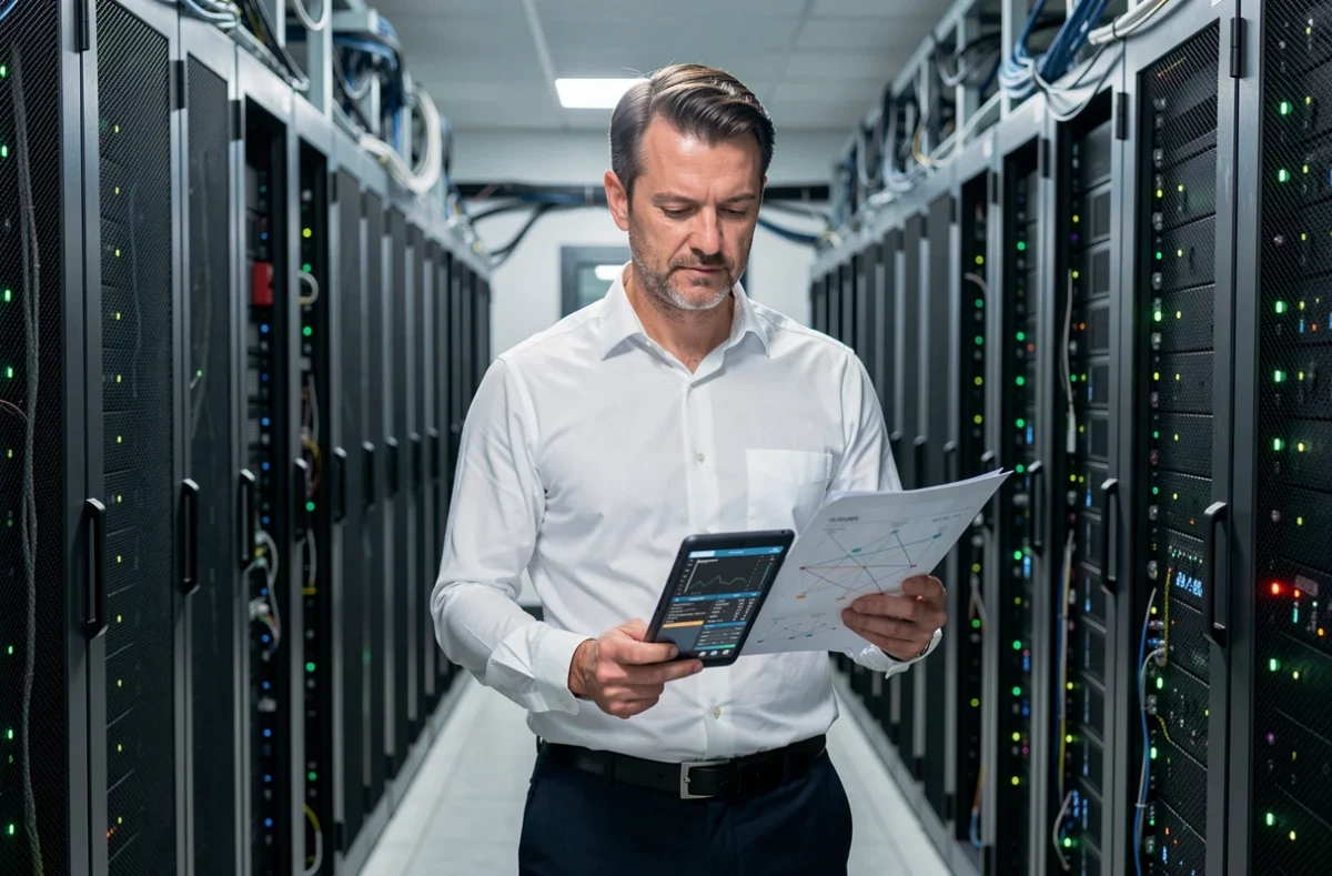 Consultant informatique d'Inetd Consulting dans une salle de serveurs professionnelle