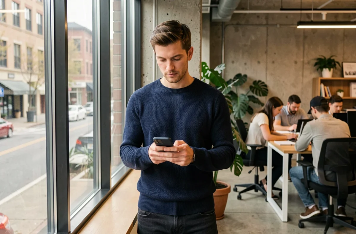 Jeune ingénieur agronome diplômé consultant ses emails professionnels sur smartphone dans un espace de coworking