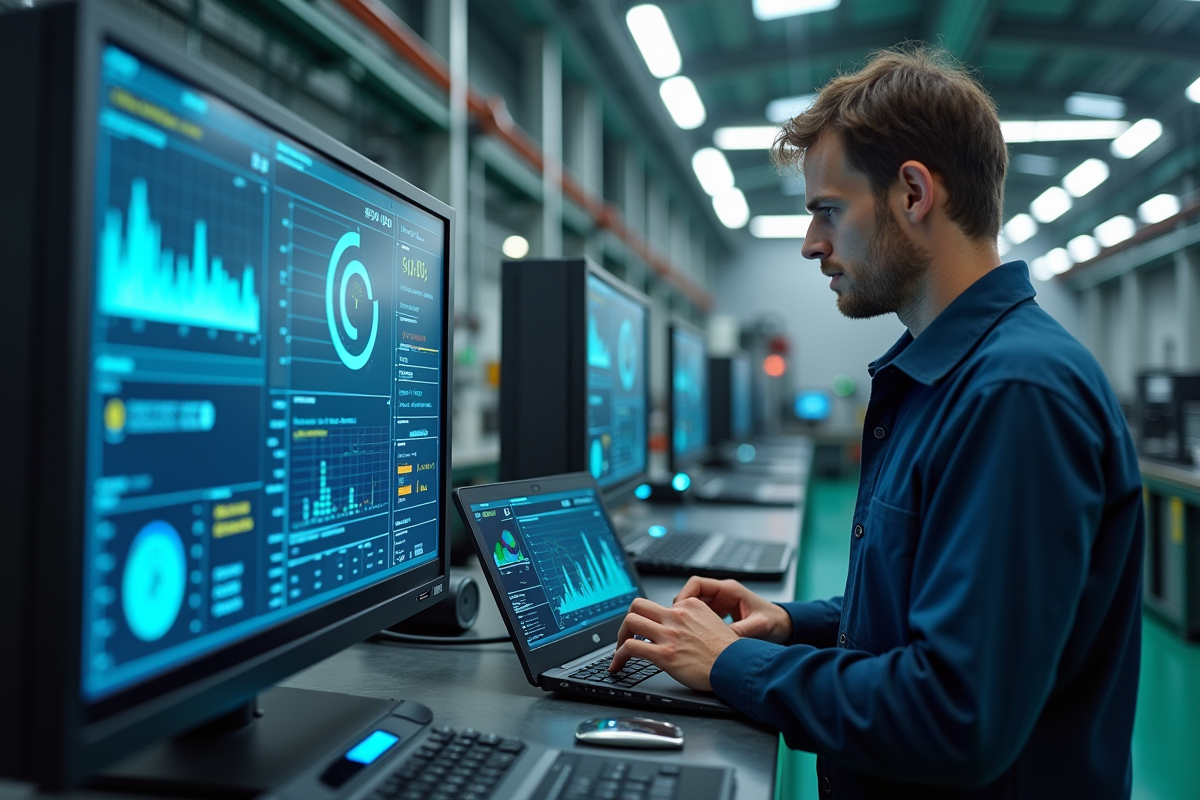 Ingénieur utilisant un ordinateur robuste dans une usine connectée