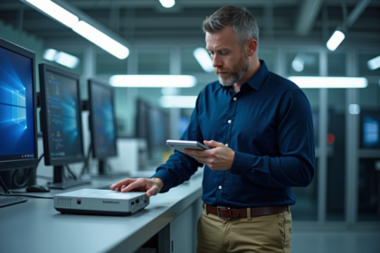 Ingénieur homme examinant un dispositif edge computing en laboratoire