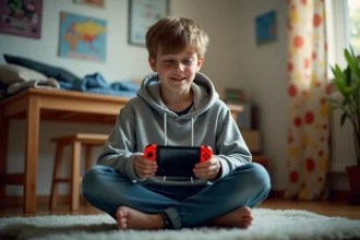 Adolescent tenant une Nintendo Switch et consultant l'écran dans sa chambre pour installer Roblox