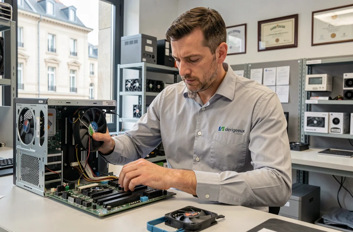 Technicien IRCF Périgueux diagnostiquant un ordinateur de bureau sur un établi professionnel