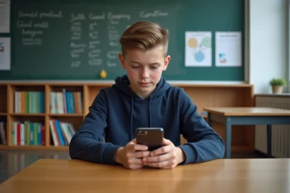 Jeune élève avec smartphone en classe moderne