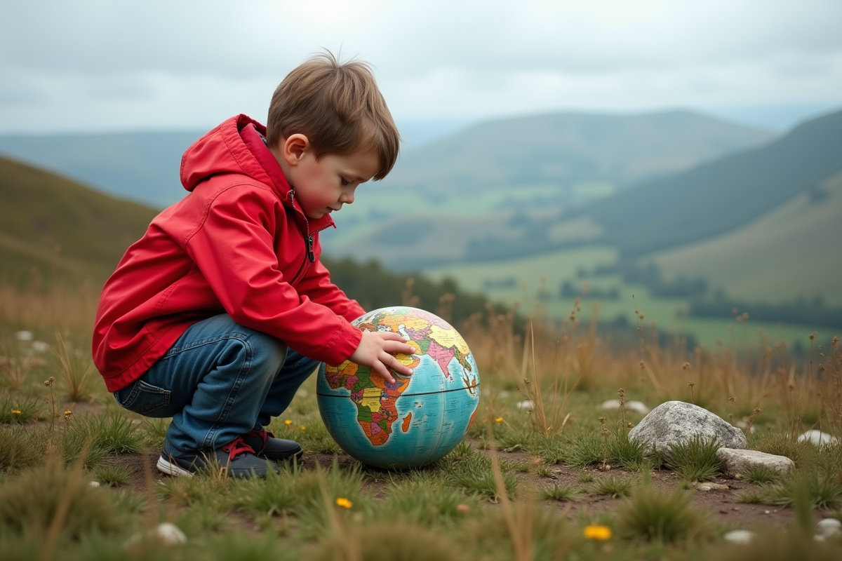 Jeune garçon observant un globe en plein air