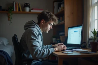 Jeune homme anxieux devant son ordinateur portable dans sa chambre