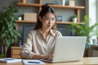 Jeune femme au bureau utilisant un ordinateur portable