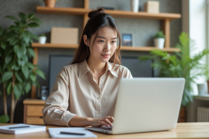 Jeune femme au bureau utilisant un ordinateur portable