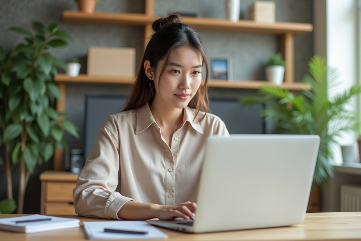 Jeune femme au bureau utilisant un ordinateur portable
