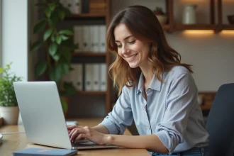 Jeune femme souriante dans un bureau moderne avec ordinateur