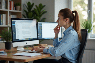 Jeune femme au bureau examine deux documents ouverts