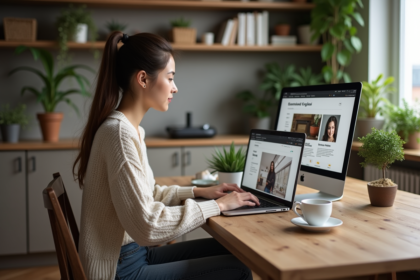 Jeune femme créant son site web sur un ordinateur portable à la maison