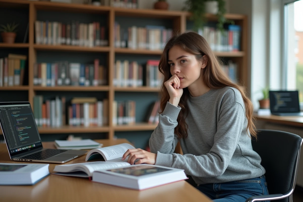 Jeune femme concentrée avec livres et ordinateur en bibliothèque
