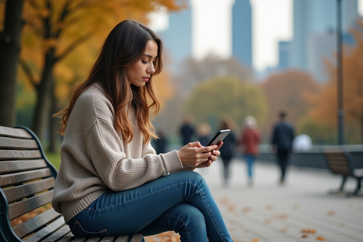 Jeune femme assise dans un parc regardant son smartphone