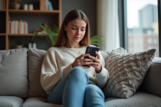 Jeune femme assise sur un canapé en intérieur avec smartphone