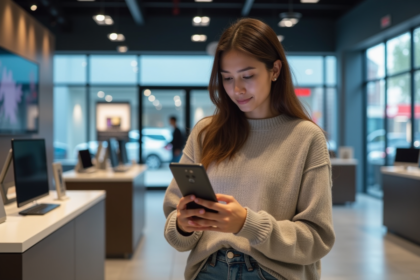 Jeune femme examine un smartphone en magasin d'électronique