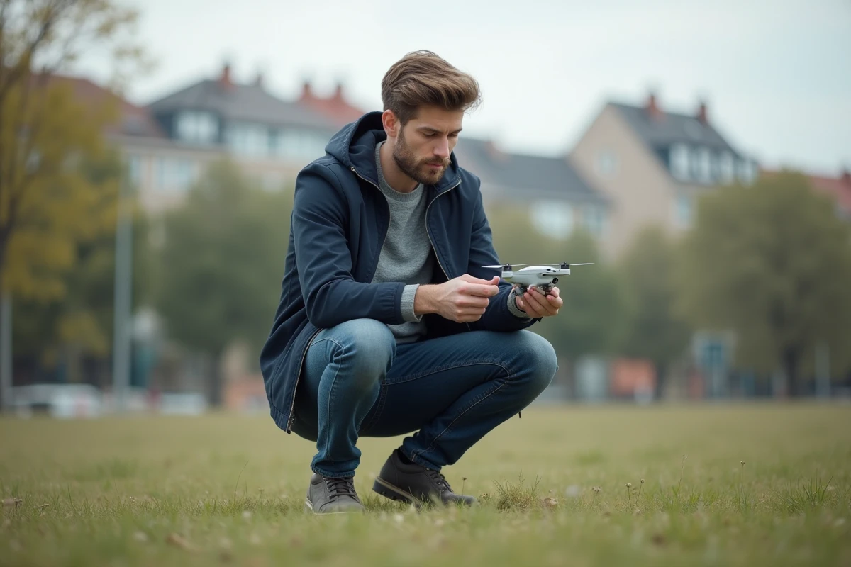 Jeune homme en extérieur assemble un drone compact