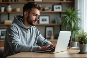 Jeune homme en hoodie au bureau à domicile