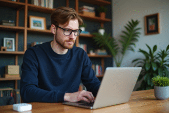 Jeune homme concentré travaillant sur son ordinateur dans un bureau cosy