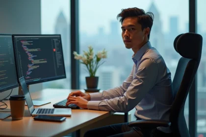 Jeune homme au bureau avec écrans et café pour article