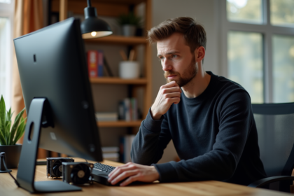 Jeune homme compare deux cartes graphiques dans un bureau cosy