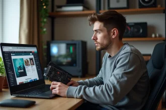 Jeune homme compare deux cartes graphiques dans son appartement