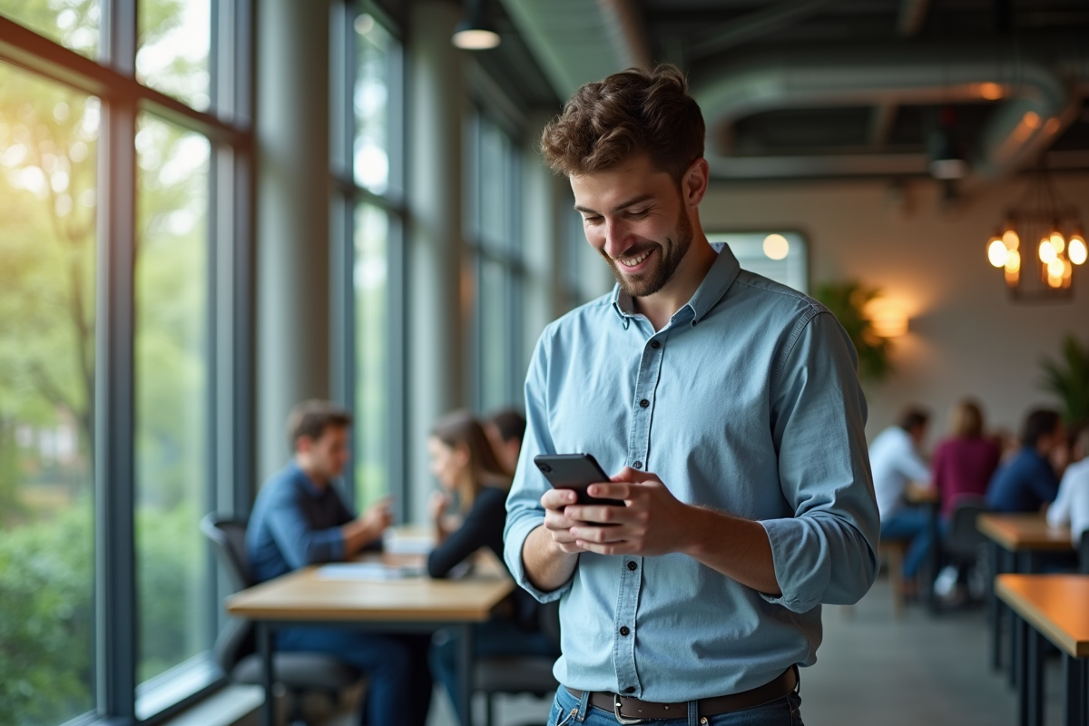 Jeune homme en open space rédige un email marketing