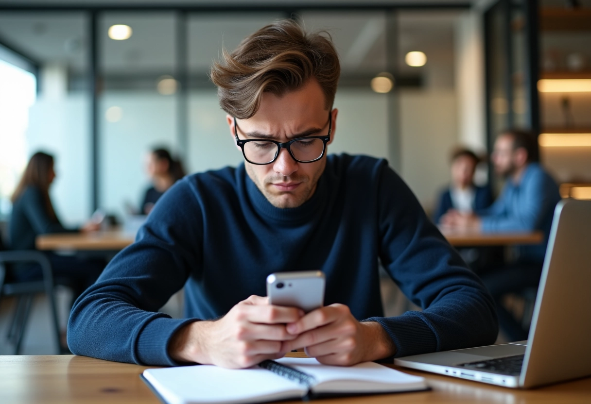 Jeune homme frustré dans un espace de coworking dynamique