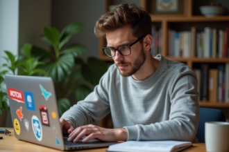 Jeune homme concentré sur son ordinateur portable dans un bureau cosy