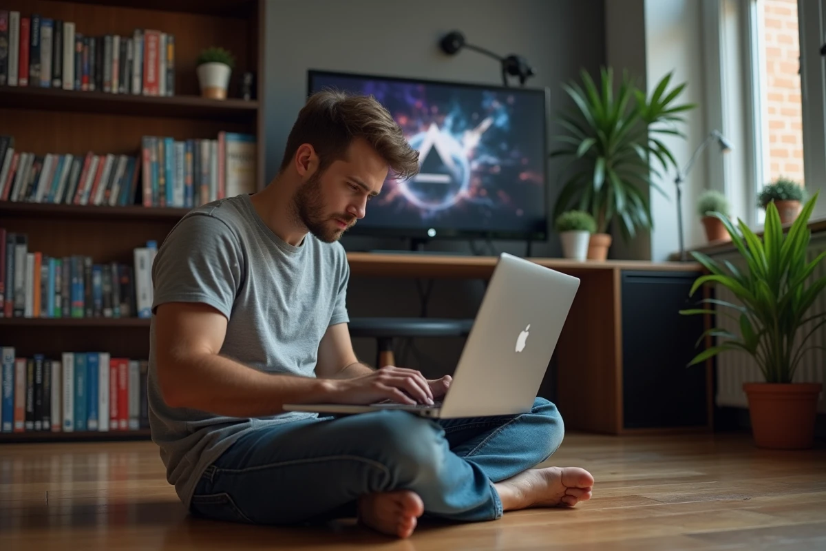 Jeune homme organisant sa bibliothèque de jeux vidéo sur un laptop