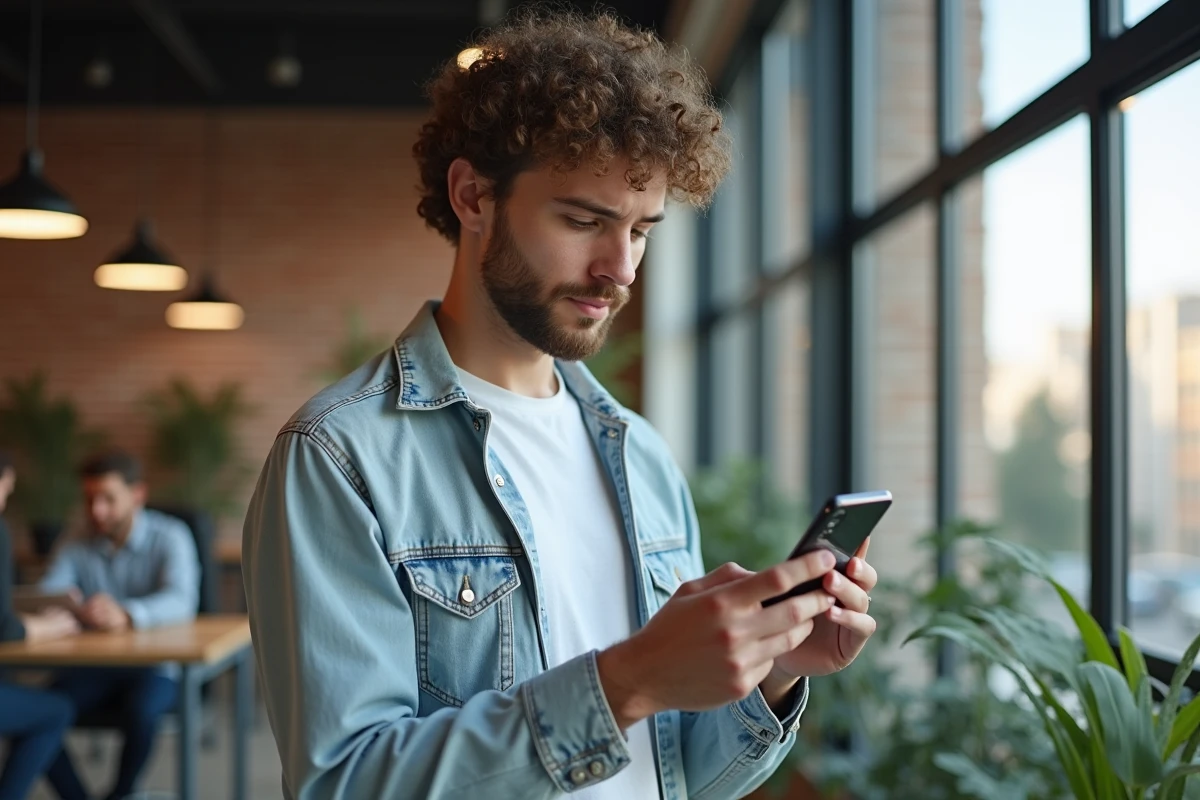 Jeune homme dans un espace de coworking cherchant la corbeille sur un Samsung après une mise à jour Android 2026