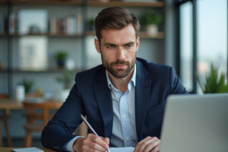 Jeune homme professionnel concentré sur son ordinateur dans un bureau moderne