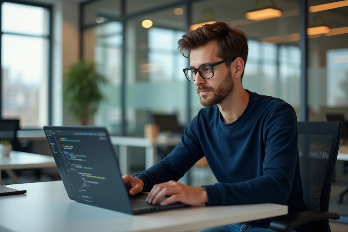 Jeune homme professionnel travaillant sur un ordinateur dans un bureau moderne