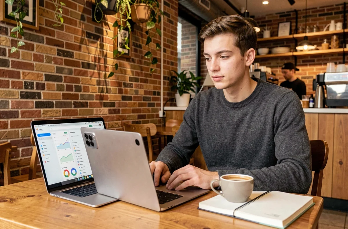 Jeune professionnel travaillant avec un Samsung Galaxy S24 et un ordinateur portable dans un café urbain