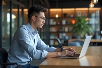 Jeune homme professionnel analysant des données SEO sur son ordinateur