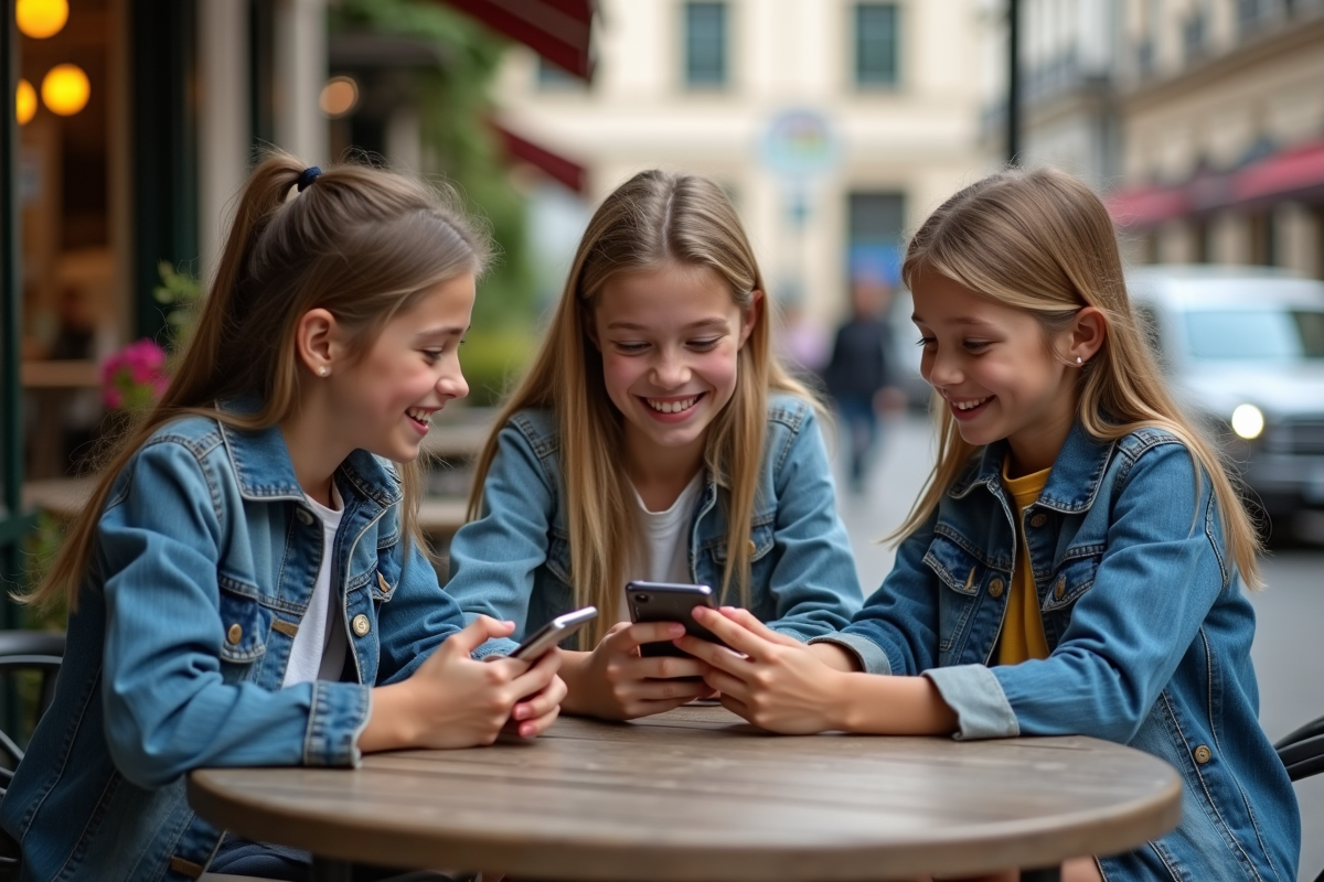 Trois adolescents souriants autour d une table de café en extérieur