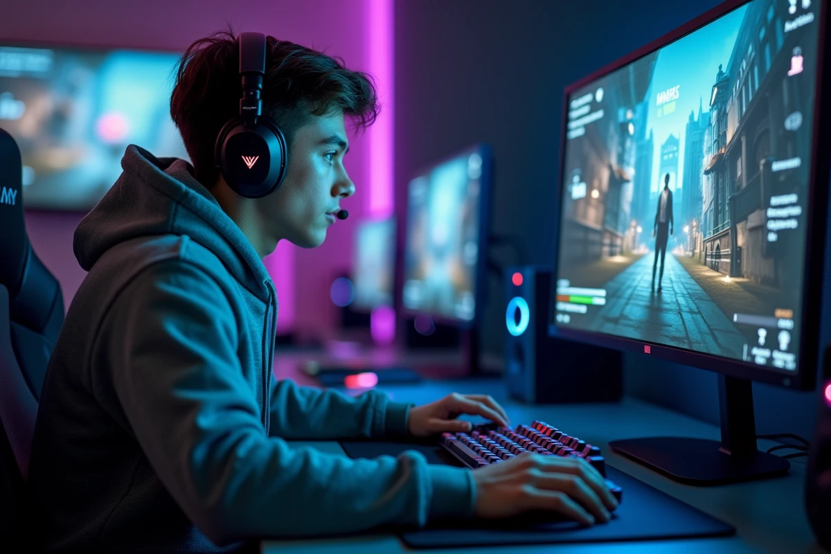 Joueur de CS2 concentré devant son écran affichant les rangs et le MMR dans une configuration gaming moderne