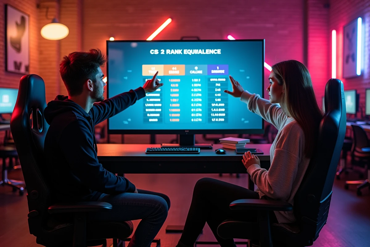 Deux joueurs dans un café esport examinant un tableau des grades et équivalences de rangs CS2 sur grand écran