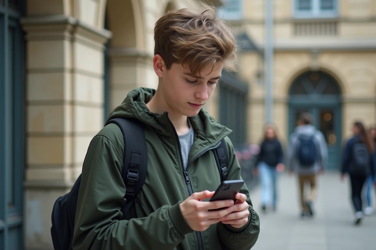 Lycéen consultant le webmail académique Montpellier sur son téléphone dans la cour de son établissement scolaire
